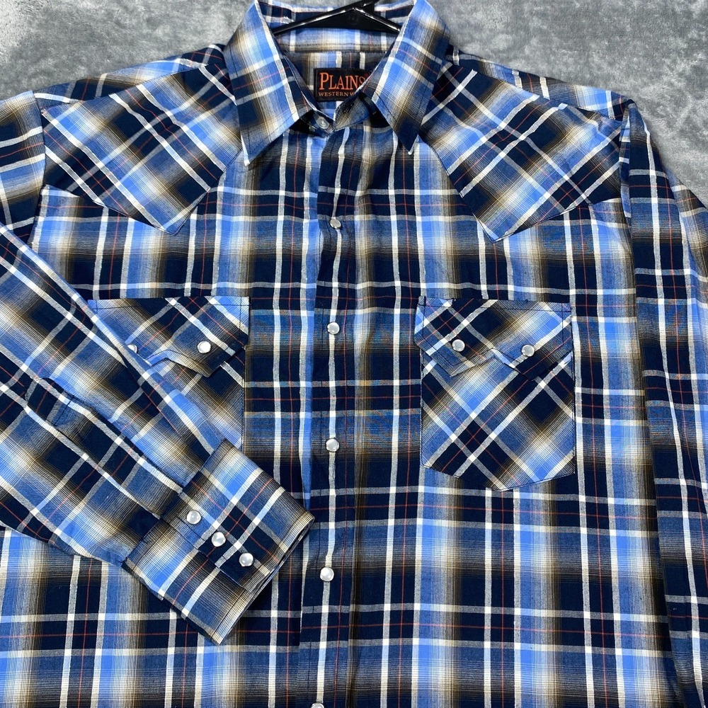 Plains Western Wear Shirt Men Large Blue Plaid Pearl Snap Metallic Thread Cowboy